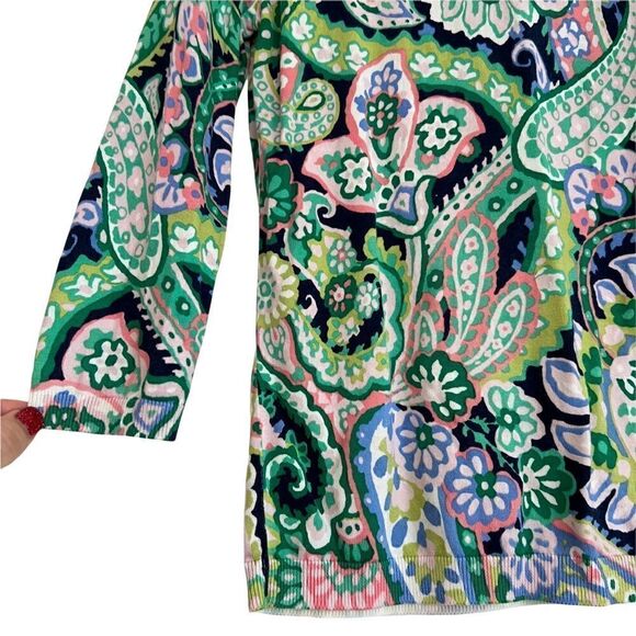 Talbots XS Paisley Cotton Knit Long Sleeve Crew Neck Sweater Pink Green Black - Picture 2 of 5